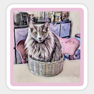 Grey Green Eyed Cat In Basket Sticker